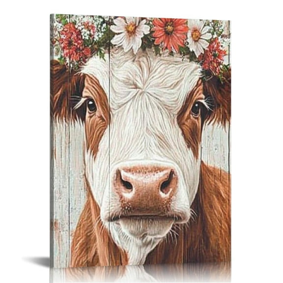BCIIG Cow With Flower Crown Canvas Wall Decor For Home Office 12x16 in