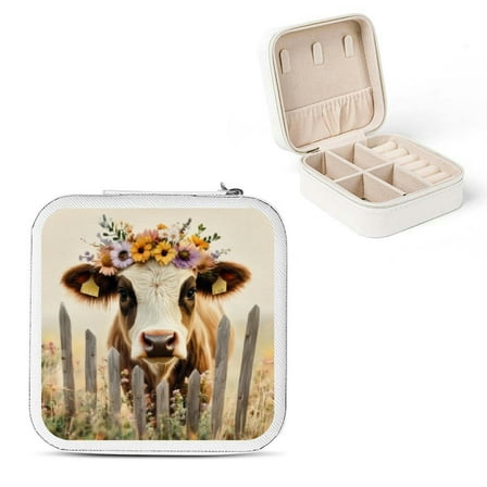 BCIIG Cow With Flower Crown Small Jewelry Box For Women Travel Case White