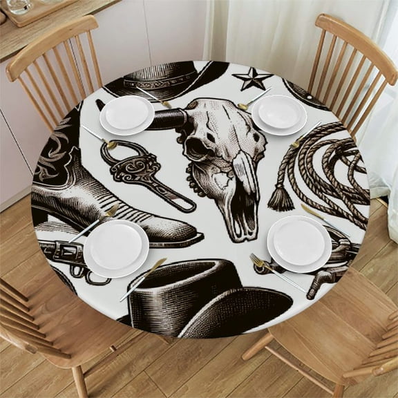 BCIIG Cowboy Boots Cow Skull Lasso Round Table Cover Stain Resistant Washable 100% Polyester Fiber 31-35
