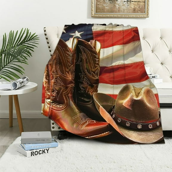 BCIIG Cowboy Boots Cowboy Hat American Flag Warm Lightweight Blanket Soft Fleece Throw for All Seasons Living Room Sofa Decor Gifts 50x60in