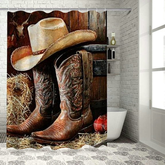 BCIIG Cowboy Hat Boots Barnyard Shower Curtain Set with Hooks 69"x72