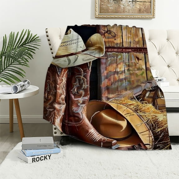 BCIIG Cowboy Hat, Boots, Barnyard Warm Lightweight Blanket Soft Fleece Blankets All Seasons for Bed, Sofa Decor, Living Room - Toddler, Children, Adults 60x80in
