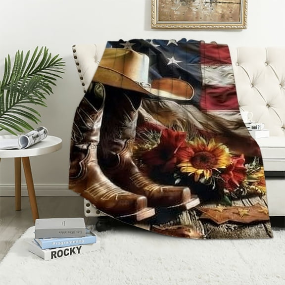 BCIIG Cowboy Hat Boots Flag Warm Lightweight Blanket Soft Fleece Throw Blanket for All Seasons Living Room Sofa Decor Cow Gifts Blanket 40x50in