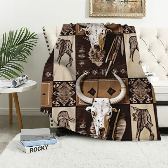 BCIIG Cowboy Throw Blanket Bull Skull Horse Arrow Print Blanket for Couch Sofa, Geometric Grid Brown Plaid Print Bed Blanket for Kids, Soft and Breathable Fleece Blanket 50x60in
