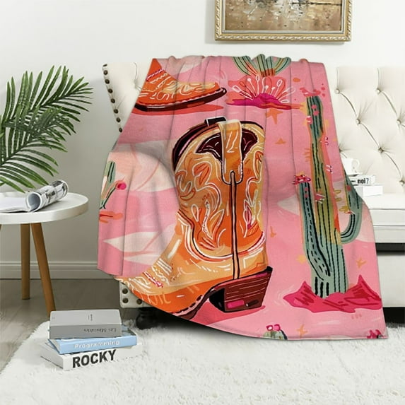 BCIIG Cowgirl Boots Throw Blanket Desert Cactus Plant Fleece Blanket for Boys Girls Western Cowboy Boots Flannel Blanket Rustic Farmhouse Plush Blanket Bedroom Decor 50x60in