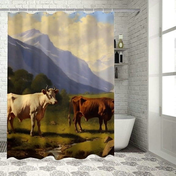 BCIIG Cows Mountain Stream Bathroom Decor Set with Hooks Polyester Fabric Shower Curtain Waterproof Home Bathtubs Decoration 69"x72