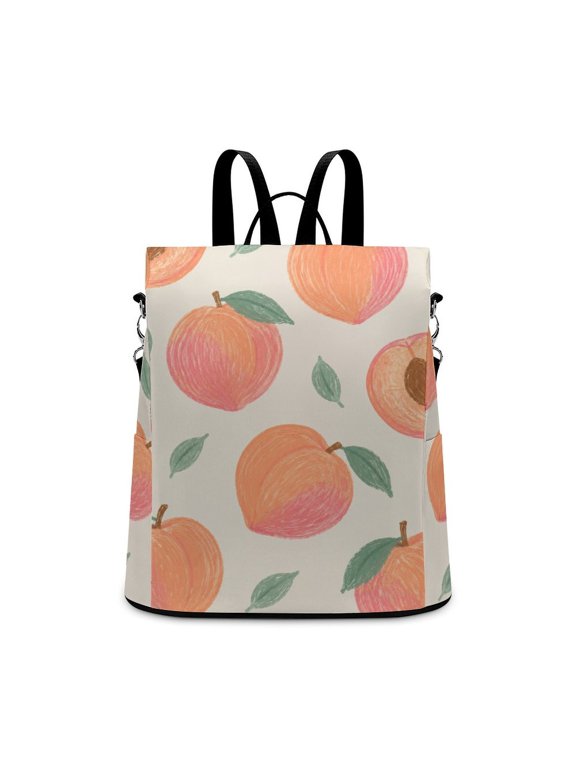 Crayon Style Peach Fruit Leaf Pattern Anti Theft Backpack, Purse for Women, Secure Back Zipper, Multi-Purpose Rucksack Backpack With Adjustable Strap, Womens Travel Backpack, Lightweight Casual