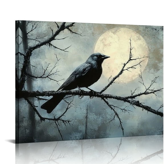 BCIIG Crow Canvas Wall Art Black Crow Stand On The Branch Picture Print Moonlit Night Vintage Forest Landscape Painting Artwork Living Room Halloween Decor 16x12in