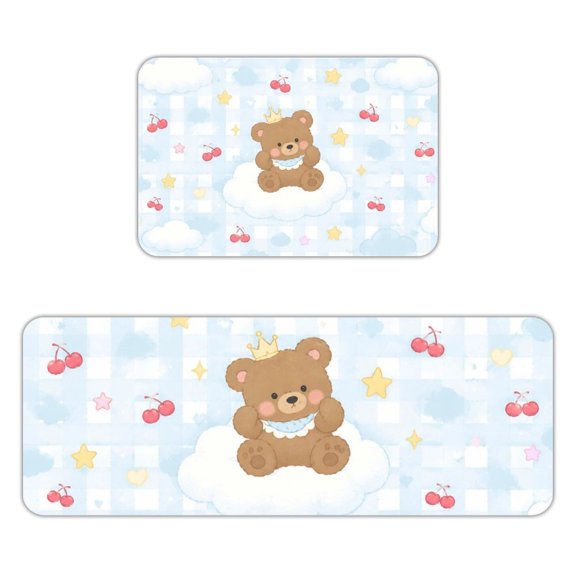 BCIIG Crown Brown Bear On Cloud Cherry Star Blue Gingham Seamless Pattern Kitchen Mats for Floor, Sets of 2, Soft Washable, Clear Print, Non Skid Waterproof Kitchen Rug for Sink Floor Sink Laundry Ba