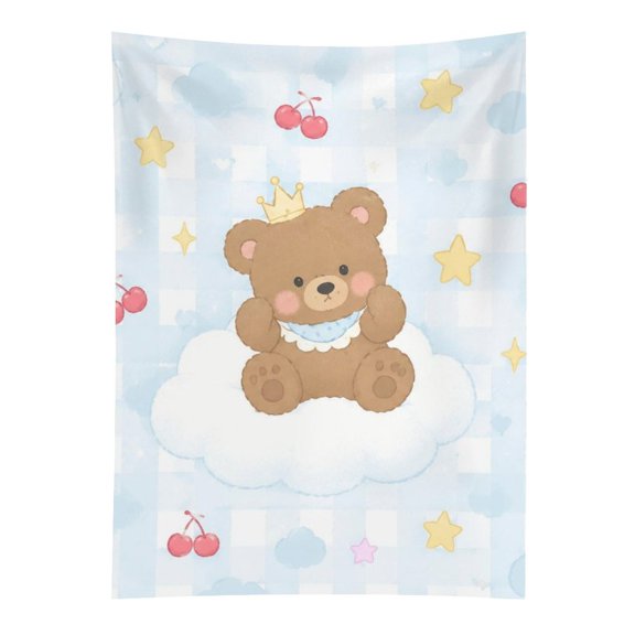 BCIIG Crown Brown Bear On Cloud Cherry Star Blue Gingham Seamless Pattern Tapestry in Green Fields, Polyester Printed Wall Hanging, Suitable for Bedroom, Dormitory and Living Room, Aesthetic Home Dec