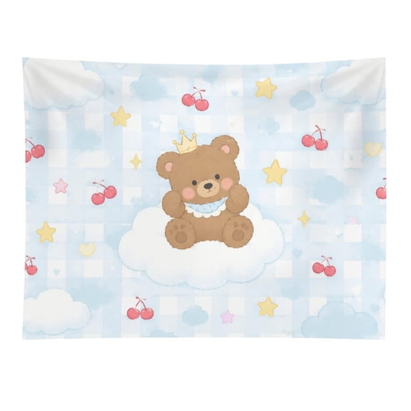 BCIIG Crown Brown Bear On Cloud Cherry Star Blue Gingham Seamless Pattern Tapestry, Polyester Print Wall Hanging Tapesties for Bedroom Dorm Living Room, Aesthetic Home Decor for Adults And Family