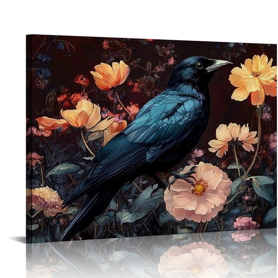 BCIIG Crown Wall Art Dark Academia Paintings Animal Black Crow Picture Halloween Crow Prints Flowers Wall Art Vintage Canvas Dark Floral Artwork Decor 20x16in