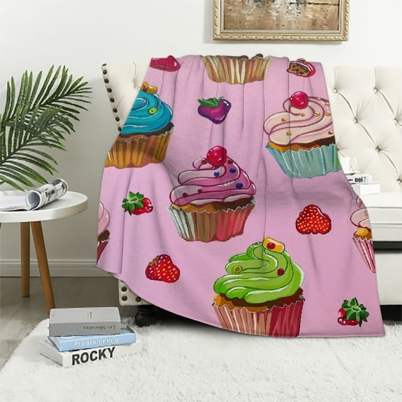 BCIIG Cupcake Candy Pink Flannel Throw Blanket Warm Cozy Soft Funny Print Blankets for Bed Couch Sofa Room Decoration Gifts Small for Kid 50x60in