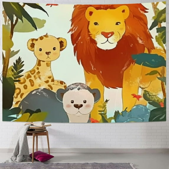 BCIIG Cute Animals Wall Hanging Art Kids Cartoon Lion Elephant and Giraffe Monkey Tapestry for Boys Girls Room Decor Jungle Trees Plants Table Accessories Watercolor Child Table Cover 60x50inch