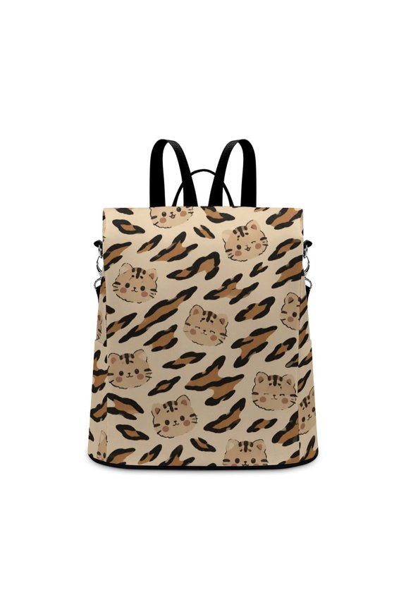 Cute Cartoon Tiger Head Leopard Print Beige Background Seamless Pattern Anti Theft Backpack, Purse for Women, Secure Back Zipper, Multi-Purpose Rucksack Backpack With Adjustable Strap, Womens T