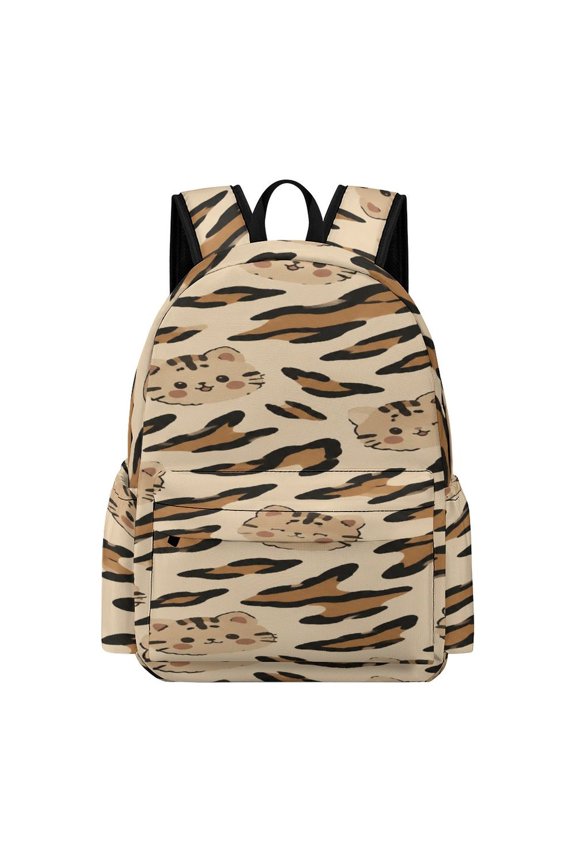 Cute Cartoon Tiger Head Leopard Print Beige Background Seamless Pattern Printed Oxford Backpack, Large Capacity Laptop Backpack, Water Resistant, Travel Daypack for College Work Commuting Adul