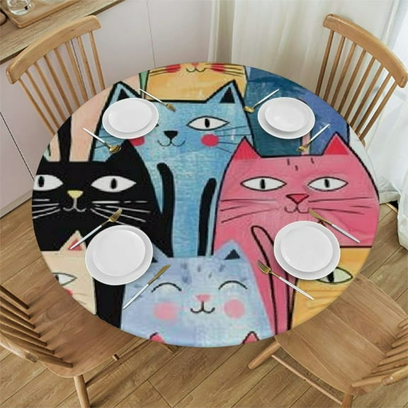 BCIIG Cute Cat Round Table Cover Stain Resistant Washable Indoor Outdoor Tablecloth Kitchen Dining Wedding Parties 100% Polyester Mother's Day 31-35