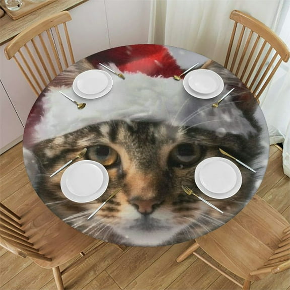 BCIIG Cute Cat Round Table Cover Stain Resistant Washable Indoor Outdoor Tablecloth Kitchen Dining Wedding Parties Table Cloth 100% Polyester Fiber Christmas Theme 31-35
