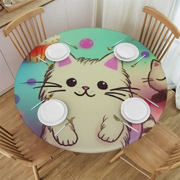 BCIIG Cute Cat Round Table Cover Stain Resistant Washable for Indoor Outdoor Kitchen Dining Wedding Parties 100% Polyester Fiber 38"-42