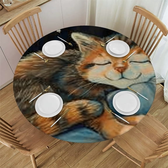 BCIIG Cute Cat Round Tablecloth with Elastic Edge, Stain-Resistant and Washable, Ideal for Indoor and Outdoor Use, Perfect for Mother's Day Picnics, Dining, and Kitchen Decor 42"-46