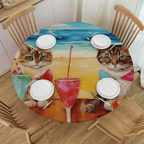 BCIIG Cute Cat Round Tablecloth for Indoor and Outdoor Dining, Stain Resistant and Washable, Perfect for Kitchen, Wedding, and Parties 100% Polyester Fiber Outdoor Fitted Table Cover 31"-35