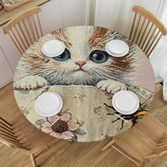 BCIIG Cute Cat Round Tablecloth, Waterproof, Stain-Resistant Polyester Fabric for Home, Parties, Weddings, Mother's Day, Washable, 100% Polyester 31"-35