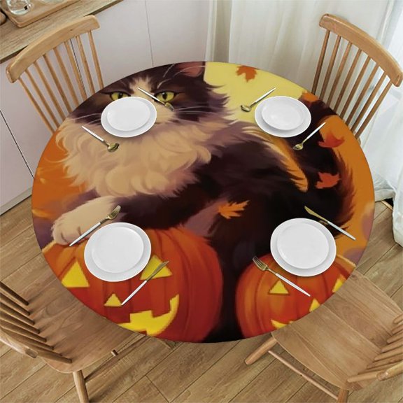 BCIIG Cute Cat Theme Round Tablecloth Waterproof Resistant Fabric for Outdoor Picnic Camping and Indoor Kitchen Dining Party - Stain-Resistant and Washable 100% Polyester Fiber 31"-35