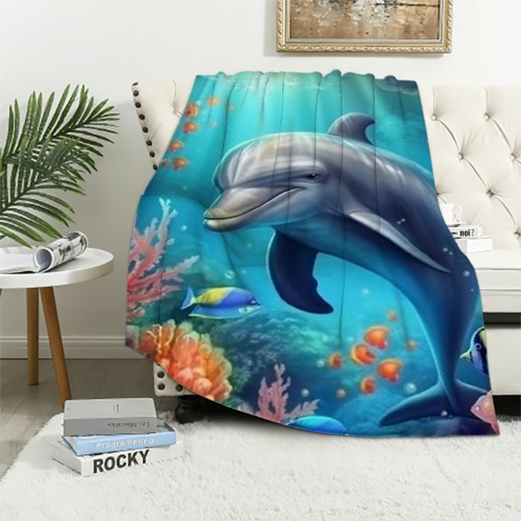 BCIIG Cute Dolphin Blanket | Soft Warm Fuzzy Lightweight Ocean Theme Flannel Throw Blanket Perfect for Couch, Bed, Decor, Travel & Outdoor Use, Cozy Blankets for Adults Kids Boys Girls 60x80in