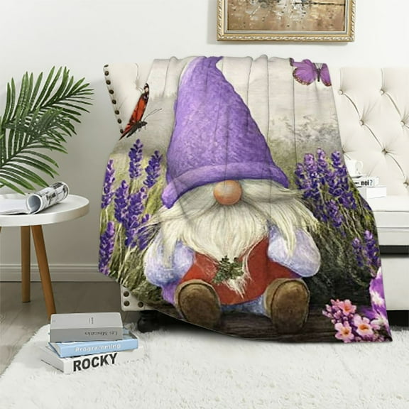 BCIIG Cute Gnomes Throw Blanket Purple Vine Flower Butterfly Blanket for Couch Sofa, Lavender Bouquet Bed Blanket for Kids Boys Girls, Soft and Breathable Fleece Blanket 60x80in