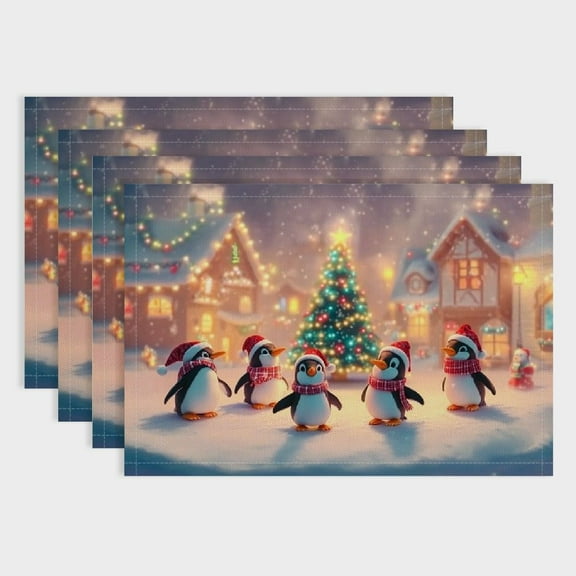 BCIIG Cute Penguin Place Mats  Set of 4 Lovely Wild Animals Kitchen Mats for Kids Boys Girls Teens Watercolor Christmas Trees Rustic Farmhouse Style Table Mats for Dining Table 18x12in