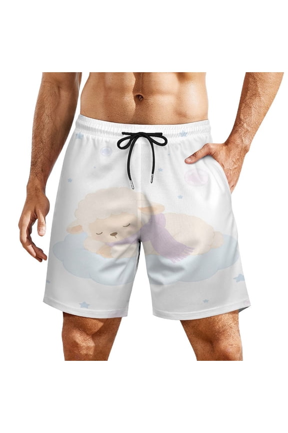 Cute Sleeping Lamb On Cloud With Purple Scarf Stars Bubbles Nursery Seamless Pattern Men's Beach Shorts, Breathable Mesh Lining Quick Dry with Pockets, Casual Swimwear for Adults,
