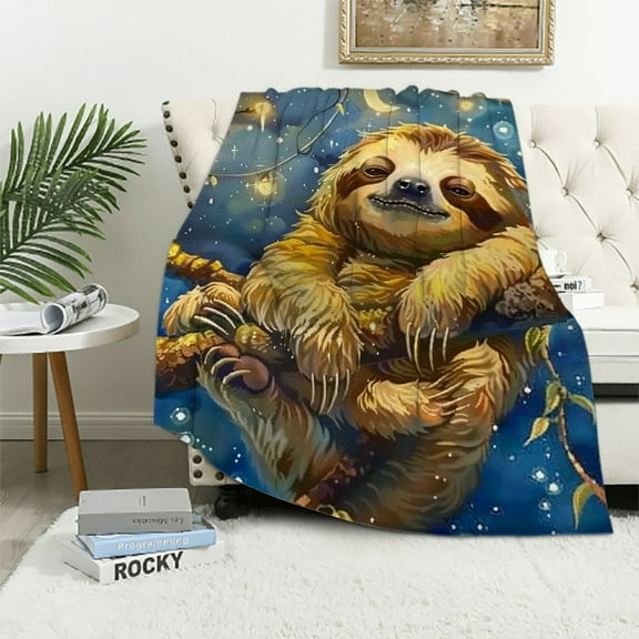 BCIIG Cute Sloth Kids Throw Blanket,Starry Sky Tree Branch Romantic Bed Blanket for Boys Girls,Cartoon Animal Wildlife Country Nature Fleece Blanket,Brown Fuzzy Blanket,Baby Size   40x50in