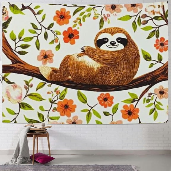 BCIIG Cute Sloth Tapestry Pink Floral Leaves Wall Hanging Art for Kids Girls Boys Women Room Decor Nature Animals Botanical Table Cloth Romantic Boho White Porch Hangings 50x40inch