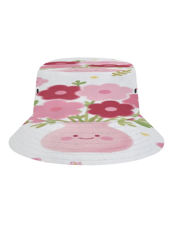 Cute Smiley Vase Pink Floral Pattern Bucket Hat, Soft, Printed, Packable Fisherman Sun Hat for Beach Travel Hiking Vacation, Sun Hat for Women Men, One Size