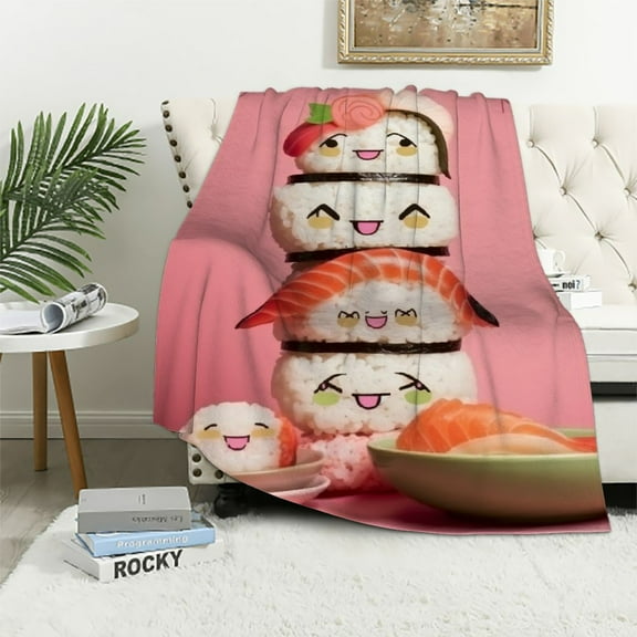 BCIIG Cute Sushi Blanket Pink Japanese Food Kawaii Roll Smiling Faces Throw Blankets Gifts for Kids Adults Lightweight Soft Fleece Cozy for Sofa Couch Bed Room Birthday Decor 40x50in