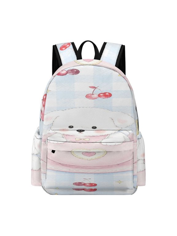 Cute White Puppy In Pink Teacup Cherry Star Blue Gingham Seamless Pattern Printed Oxford Backpack, Large Capacity Laptop Backpack, Water Resistant, Travel Daypack for College Work Commuting Ad
