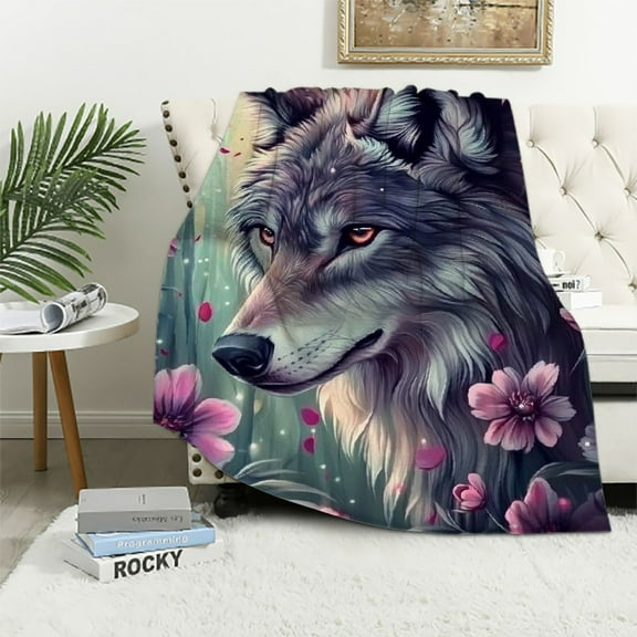 BCIIG Cute Wolf Throw Blanket Purple Flowers  Blanket Rose Butterfly Bed Blanket for Couch or Bed Watercolor Wolf Blanket Soft Warm Lightweight for Kids Adults Women  40x50in