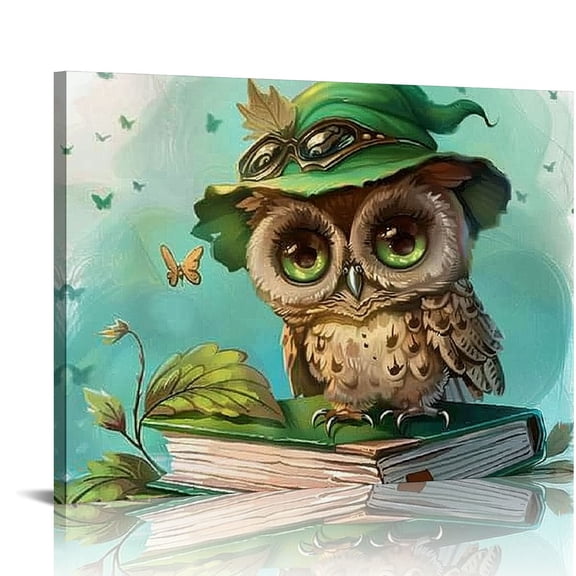 BCIIG Cute owl floral book Indoor art wall decoration home is suitable for living room, bedroom, office, dining room, club decoration, can hang Canvas painting 16x12in