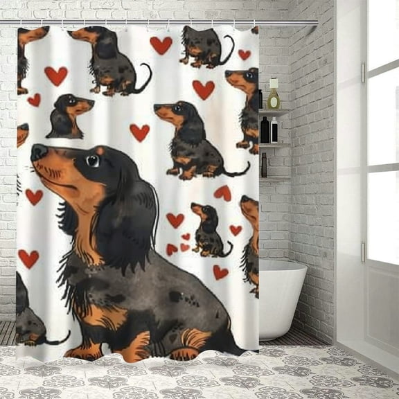 BCIIG Dachshund, Hearts Bathroom Decor Set with Hooks Polyester Shower Curtain Waterproof Fabric Bathroom Shower Curtain Set with Hooks Colorful Luxurious Graphic Print 60"x72