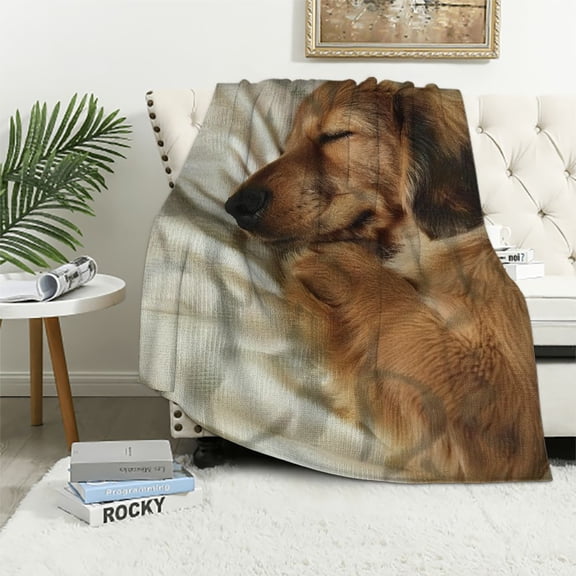BCIIG  Dachshund Soft Flannel Fleece Throw Blanket, Photo of Puppy Sleeping in Its Bed, Cozy Plush for Indoor and Outdoor Use, Ivory Cinnamon White