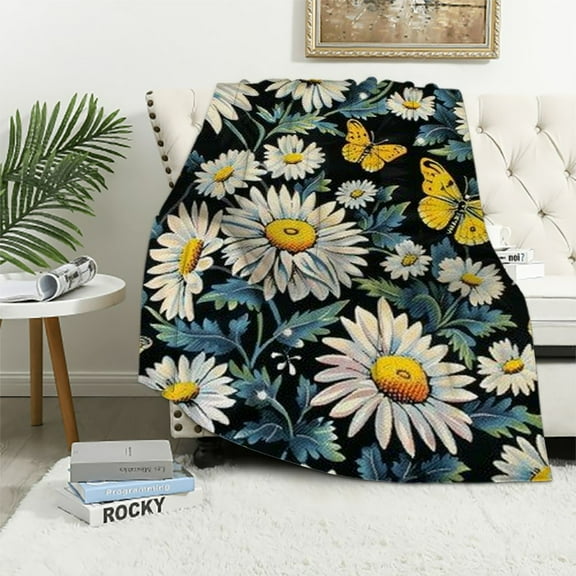 BCIIG Daisy Throw Blanket, Flannel Cute Daisies Themed Stuffed Plush Black Blankets, Soft Nap Throw Blanket for Home, Office for Boys Girls Women Daisy Flowers Lovers Gifts 40x50in