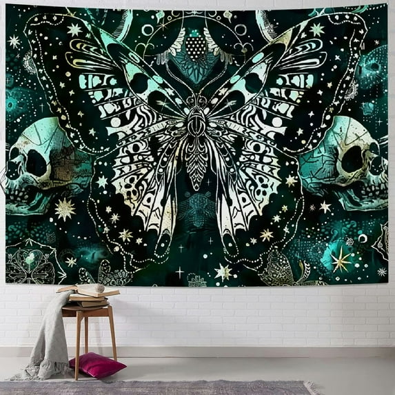 BCIIG Death Moth Tapestry Skull Tapestry Butterfly Tapestry Gothic Skeleton Tapestry Blue Mandala Tapestry Wall Hanging for Room60'' x 40''