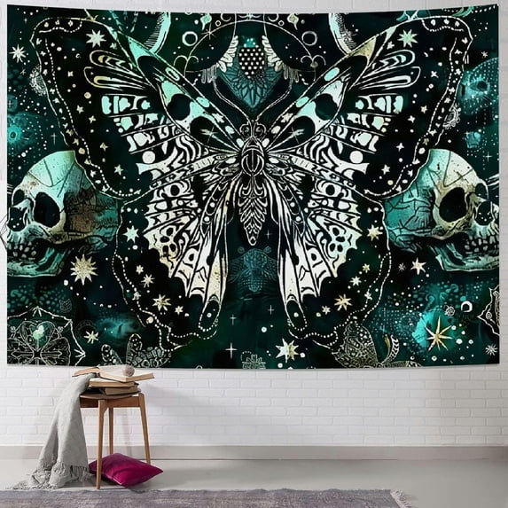 BCIIG Death Moth Tapestry Skull Tapestry Butterfly Tapestry Gothic Skeleton Tapestry Blue Mandala Tapestry Wall Hanging for Room60'' x 40''