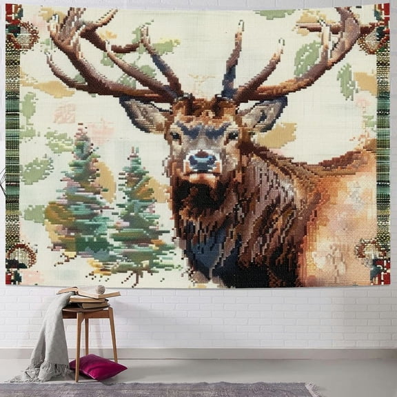 BCIIG Deer Antlers Cross Stitch Tapestry Wall Hanging Unique Style for Home Decor - Graphic Tapestries for Living Room, Bedroom, and More - Multiple Sizes Available 40x60inch
