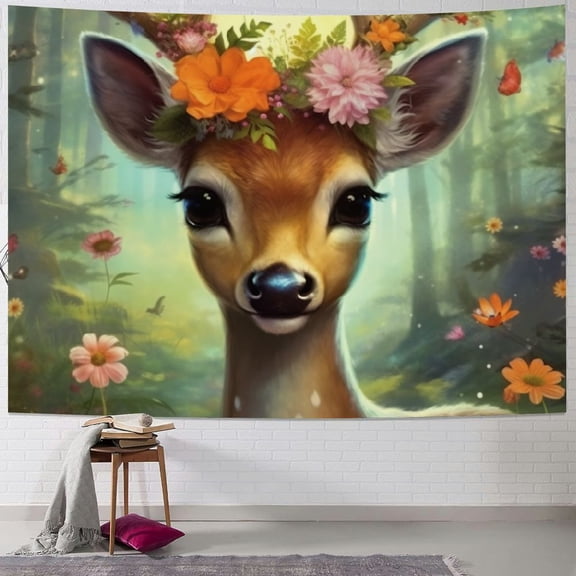 BCIIG Deer Flower Crown Forest Tapestry Wall Hanging Unique Style Graphic Tapestries Home Wall Decor Art for Living Room Bedroom Apartment Farmhouse Dorm 40x60inch