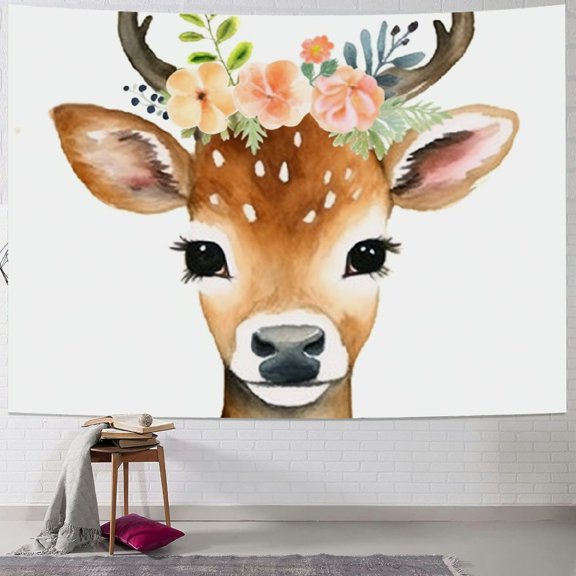 BCIIG Deer Flower Crown Hand Drawn Illustration Tapestry Wall Hanging Unique Style for Home Decor Living Room Bedroom Dorm 40x60inch