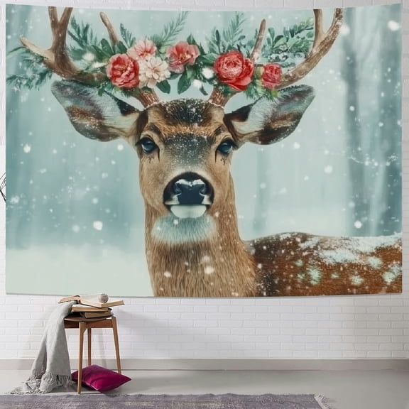 BCIIG Deer Flower Crown Snow Tapestry Wall Hanging Unique Style Graphic Tapestries Home Wall Decor Art for Living Room Bedroom Apartment Farmhouse Dorm 40x60inch
