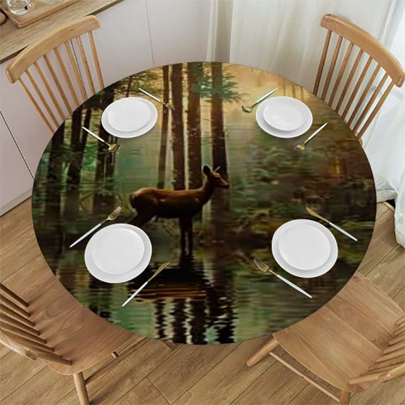 BCIIG Deer Forest Lake Round Tablecloth Stain-Resistant Washable Indoor Outdoor Restaurant Wedding Party 100% Polyester Table Cloth Picnic Camping Kitchen Dining 38"-42