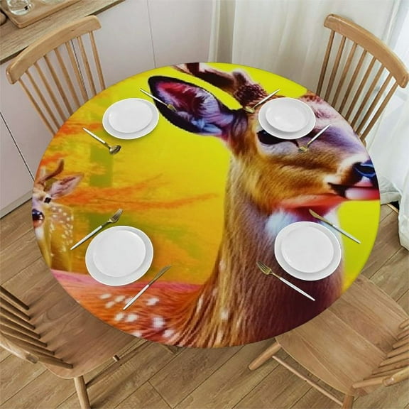 BCIIG Deer Forest Leaves Round Table Cover Stain Resistant Washable Indoor Outdoor Tablecloth Kitchen Dining Wedding Parties Table Cloth 100% Polyester Fiber 31-35