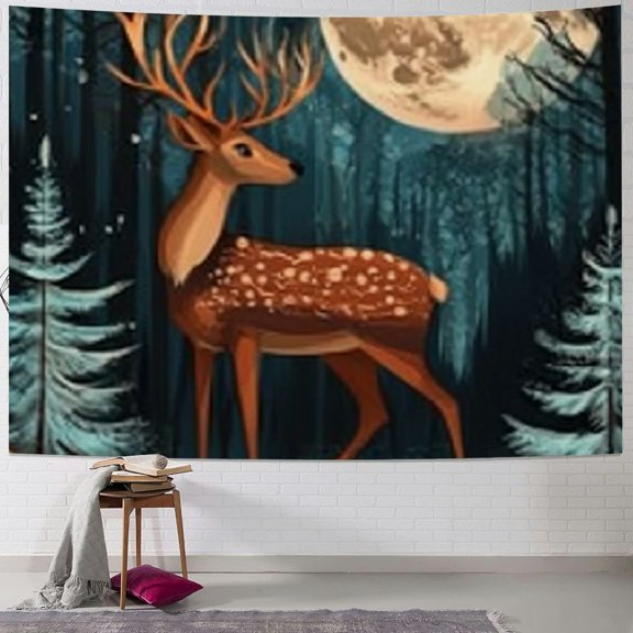 BCIIG Deer Forest Moon Tapestry Wall Hanging Unique Style Graphic Tapestries Home Wall Decor Art for Living Room Bedroom Apartment Farmhouse Dorm Short Plush 40x60inch